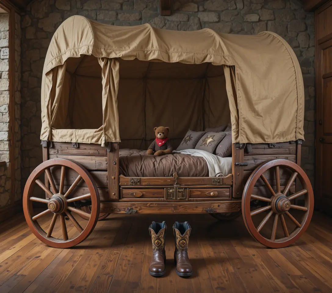 Lit douillet en chariot couvert avec bottes de cow-boy sur plancher en bois