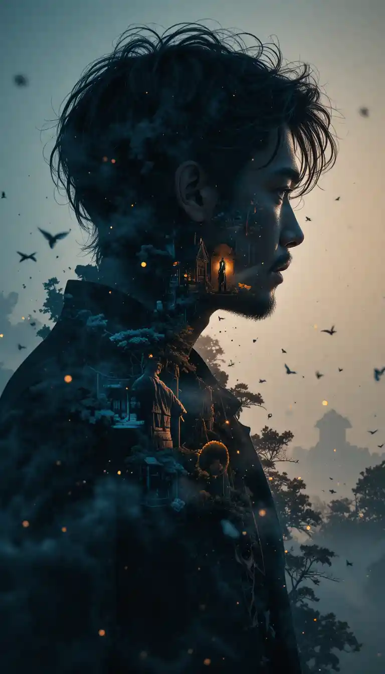 Retrato cinematográfico de doble exposición con silueta dramática a contraluz