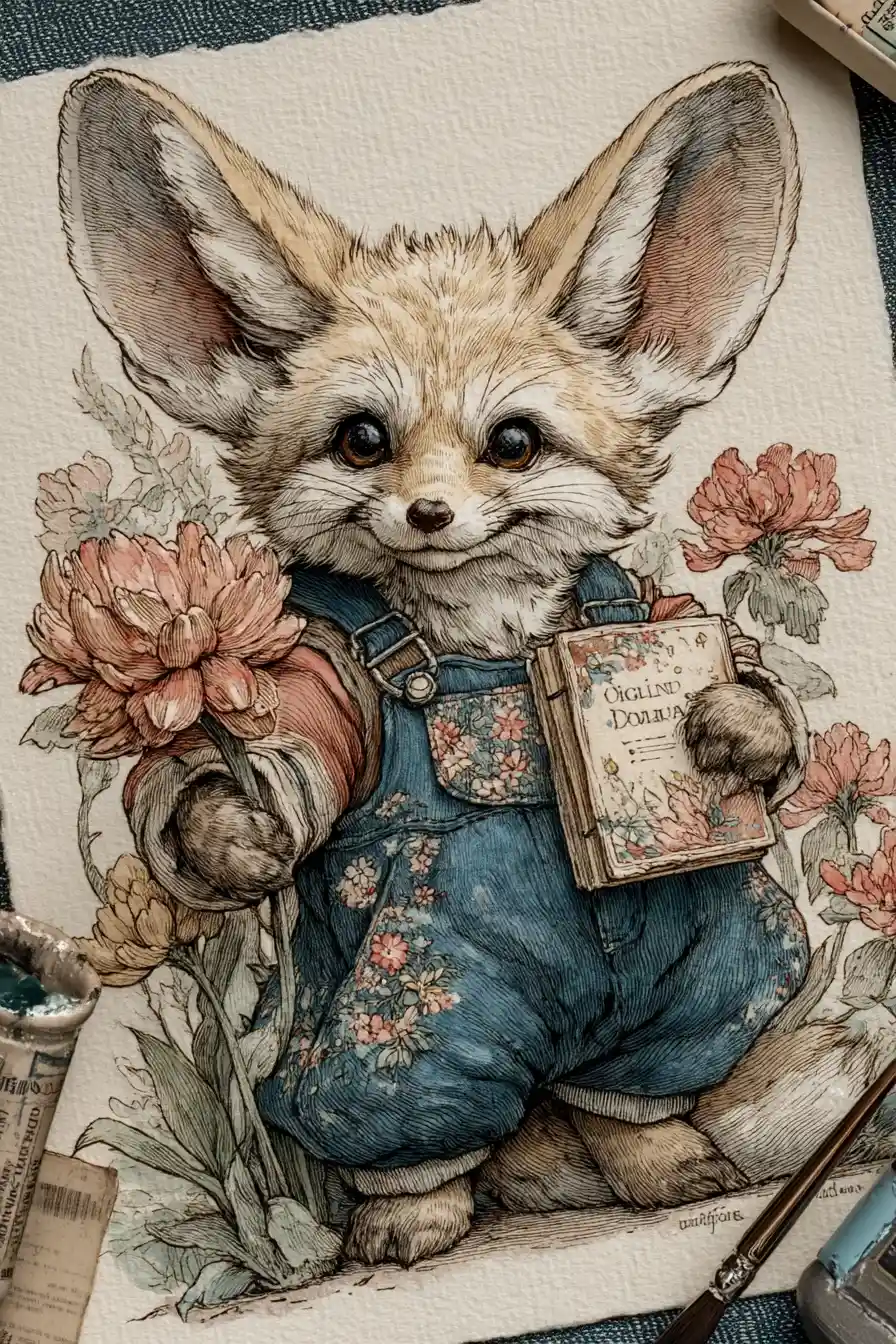 Playful fennec fox in overalls in a spring garden