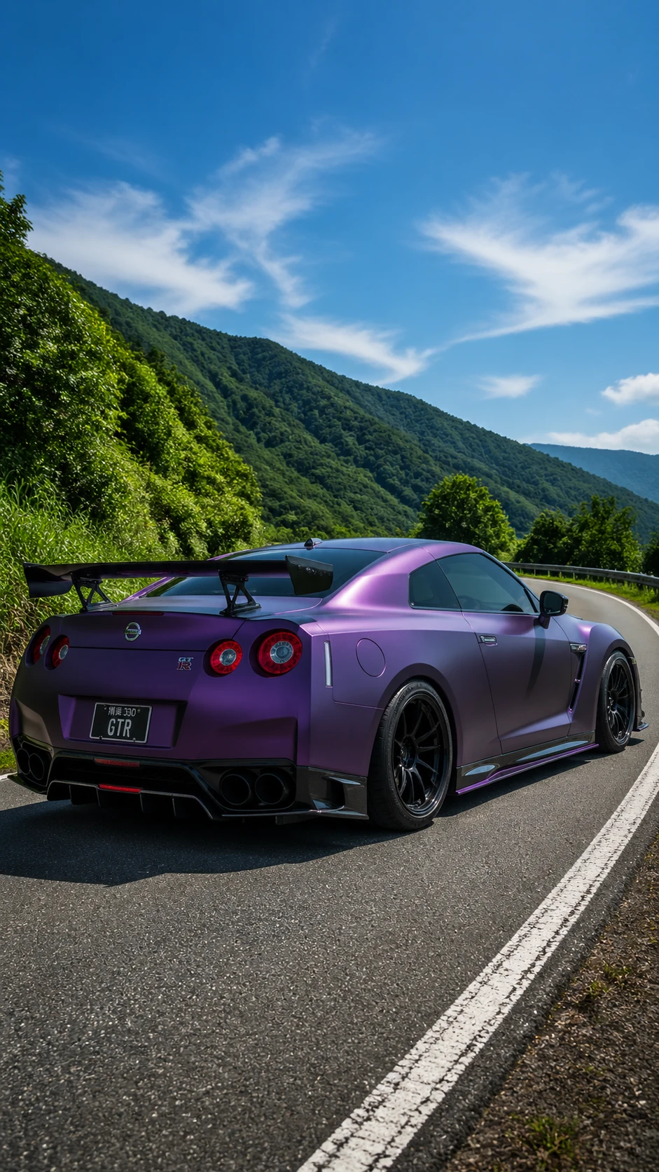 Carro esportivo roxo metálico em estrada de montanha sinuosa
