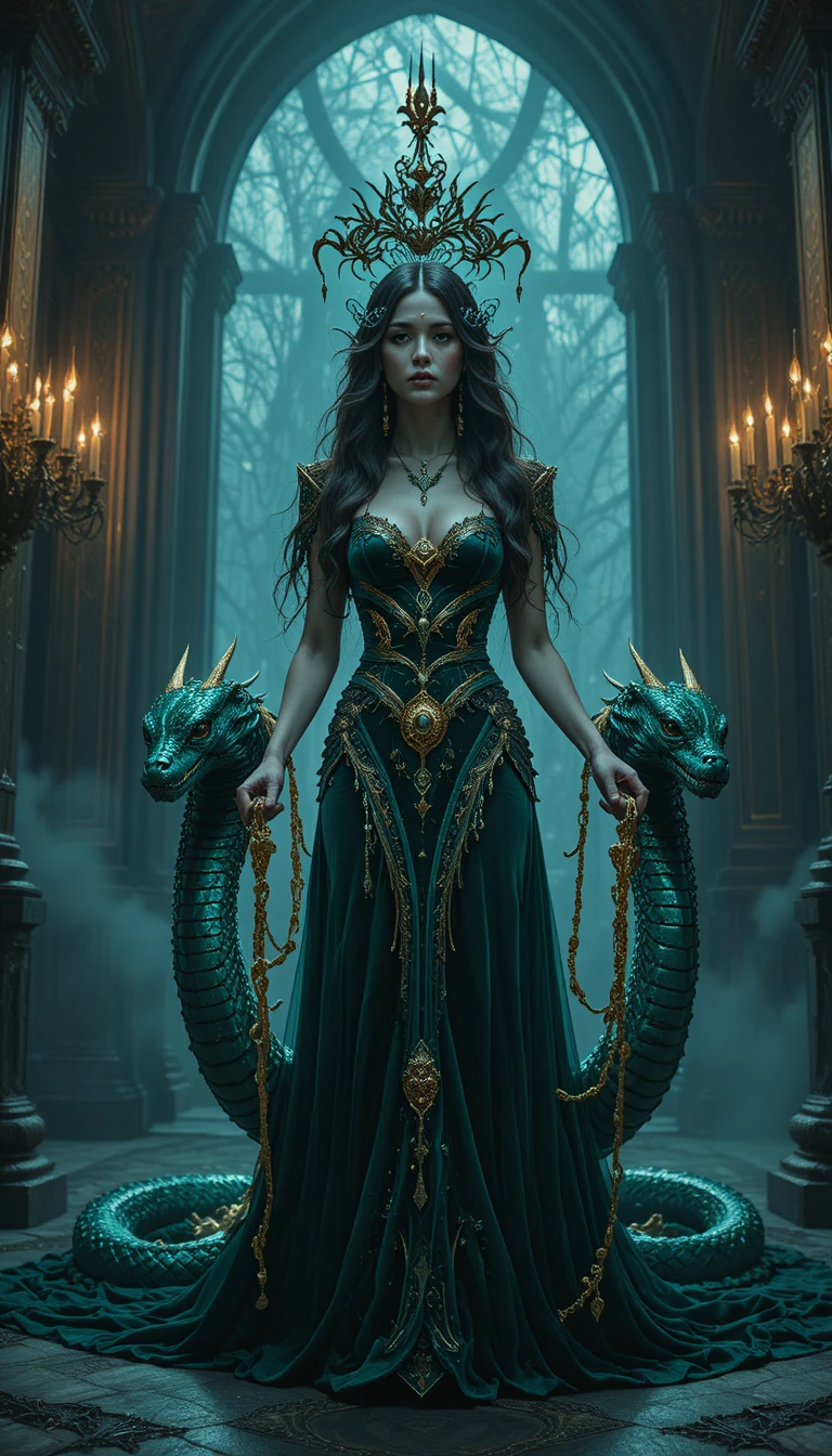 Sirène sombre en robe émeraude avec serpents lumineux