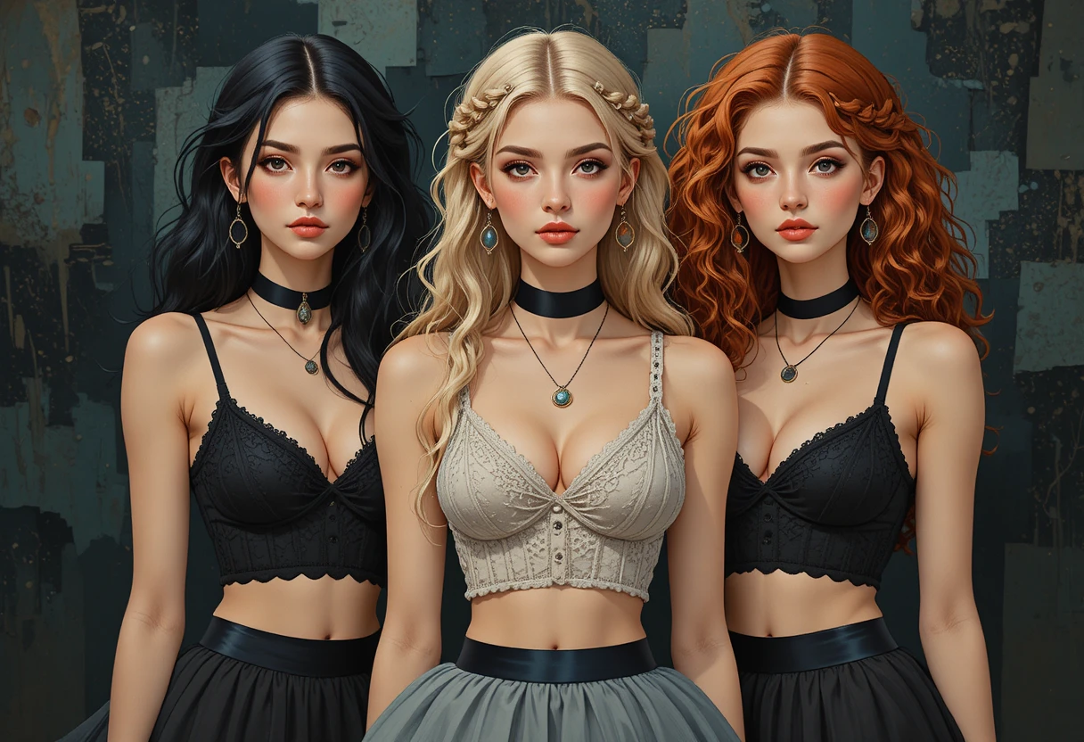 Abstract cubist trio of young women in dark fantasy scene