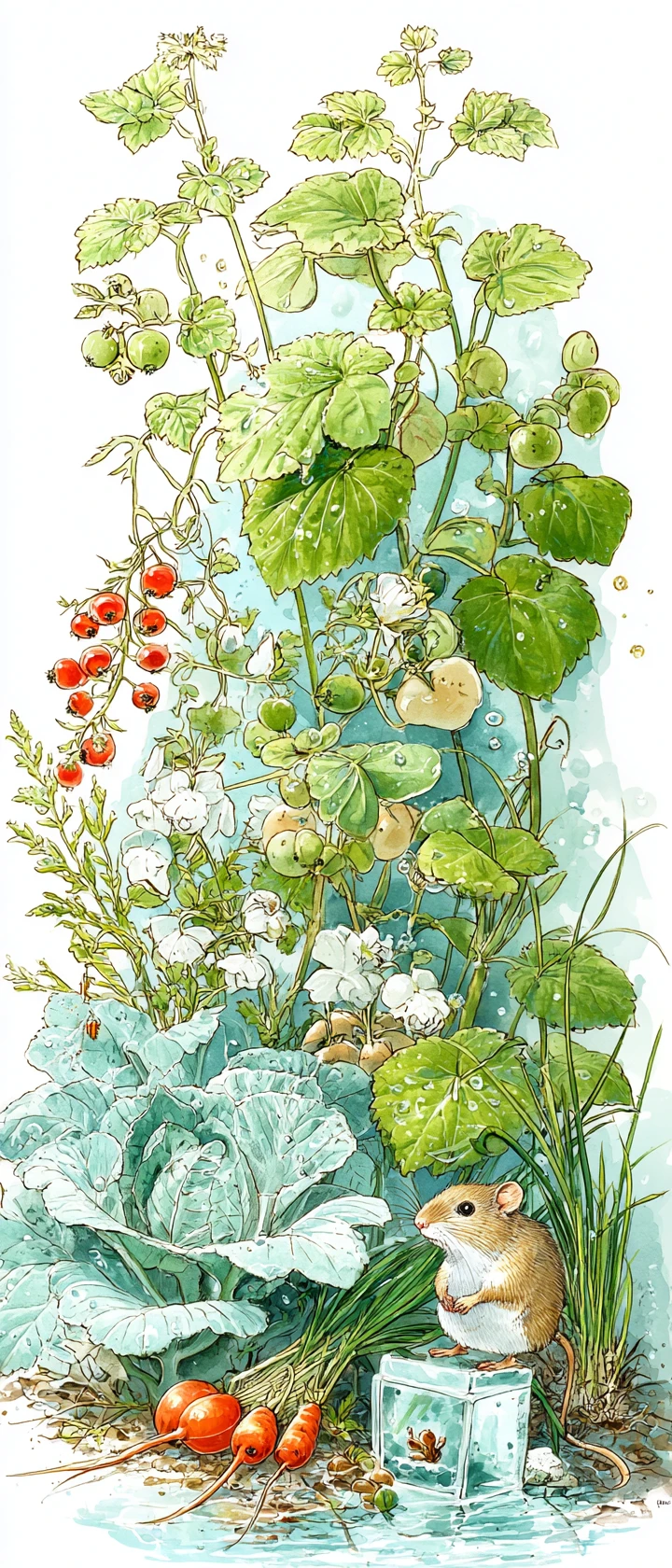 Rato brincalhão em um jardim de cottage em aquarela
