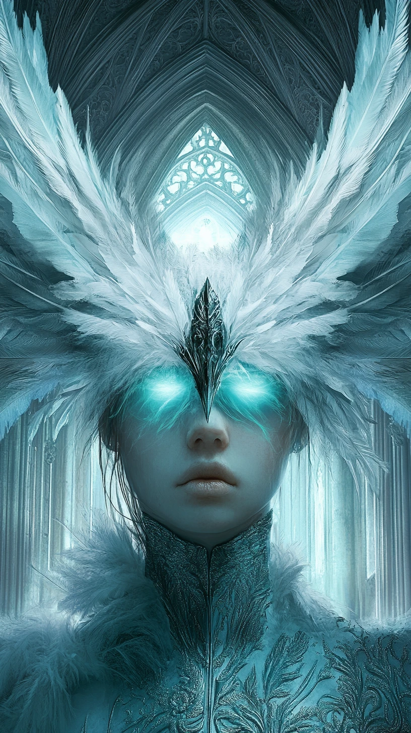 Figura angelical de olhos velados em uma catedral gótica