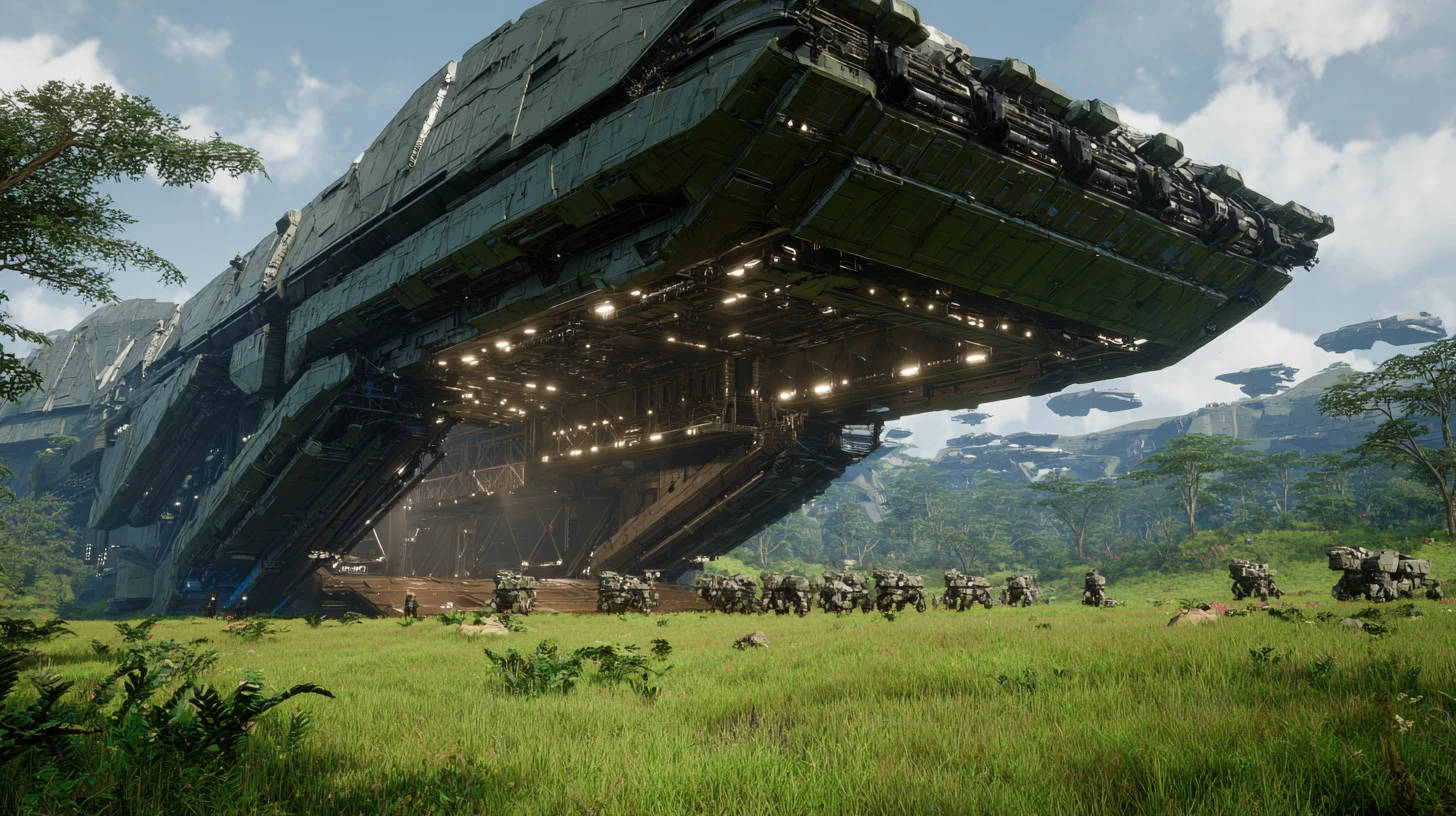 Gigantisches Sci‑Fi-Landungsschiff setzt Truppen auf einer fremden Welt ab
