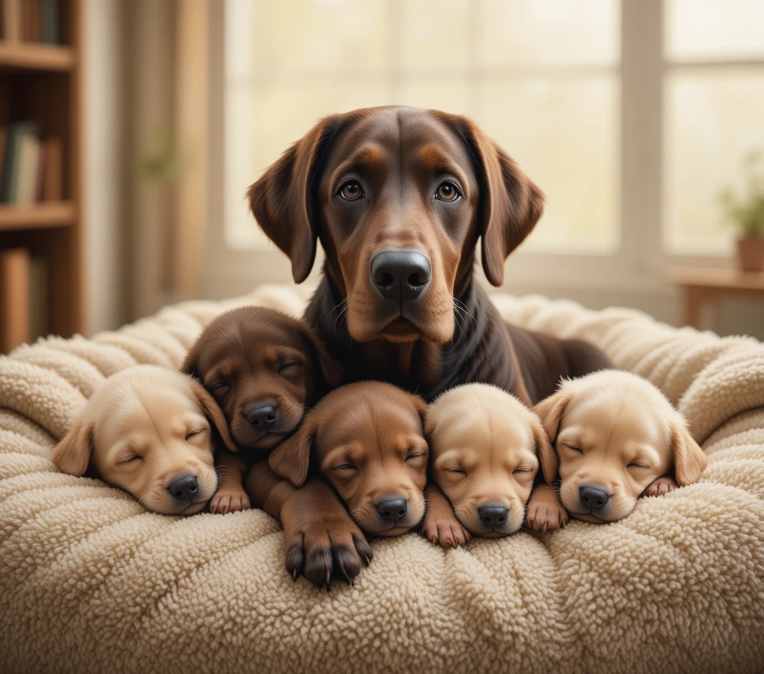 Cuccioli neonati di labrador retriever che dormono in una calda luce interna