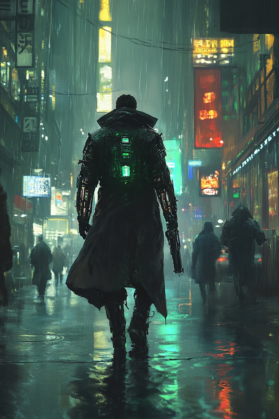 Detective cíborg caminando por una calle lluviosa de neón