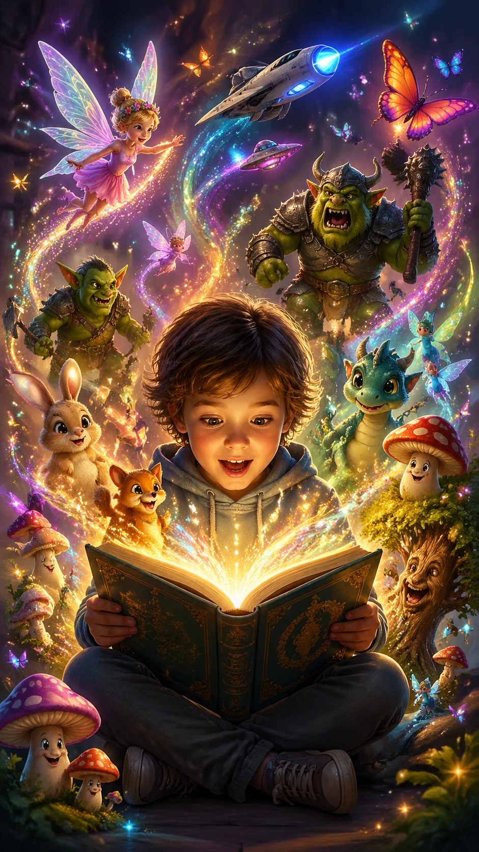 Criança lendo um livro mágico com criaturas fantásticas em espiral