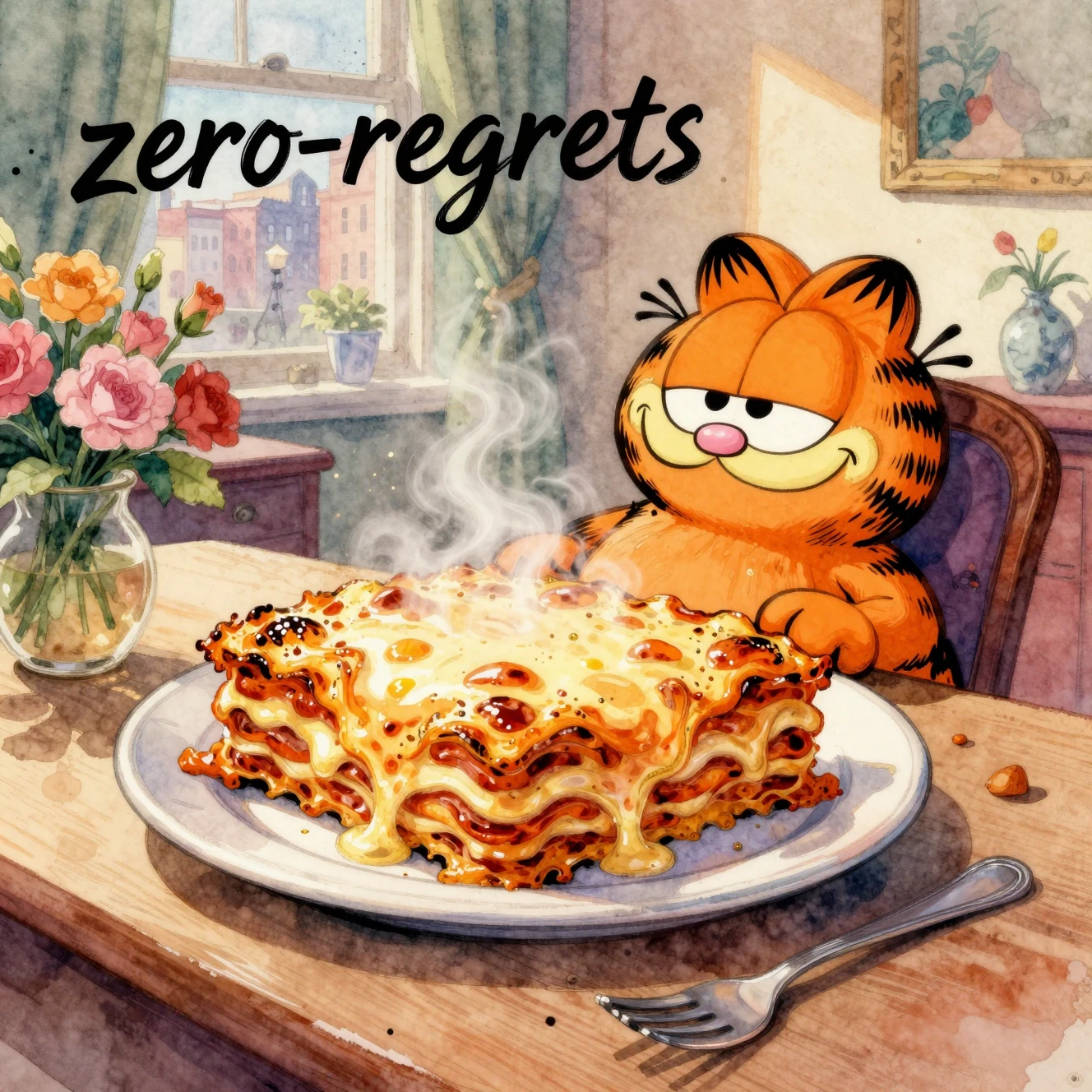 Chat de dessin animé admirant une lasagne géante dans un salon chaleureux