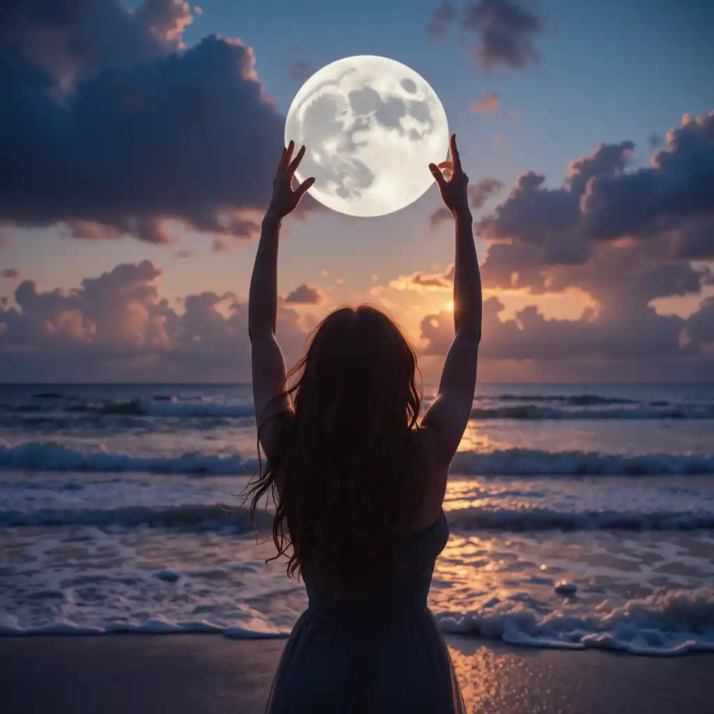 Frau, die nach dem Vollmond an einem ruhigen Strand greift
