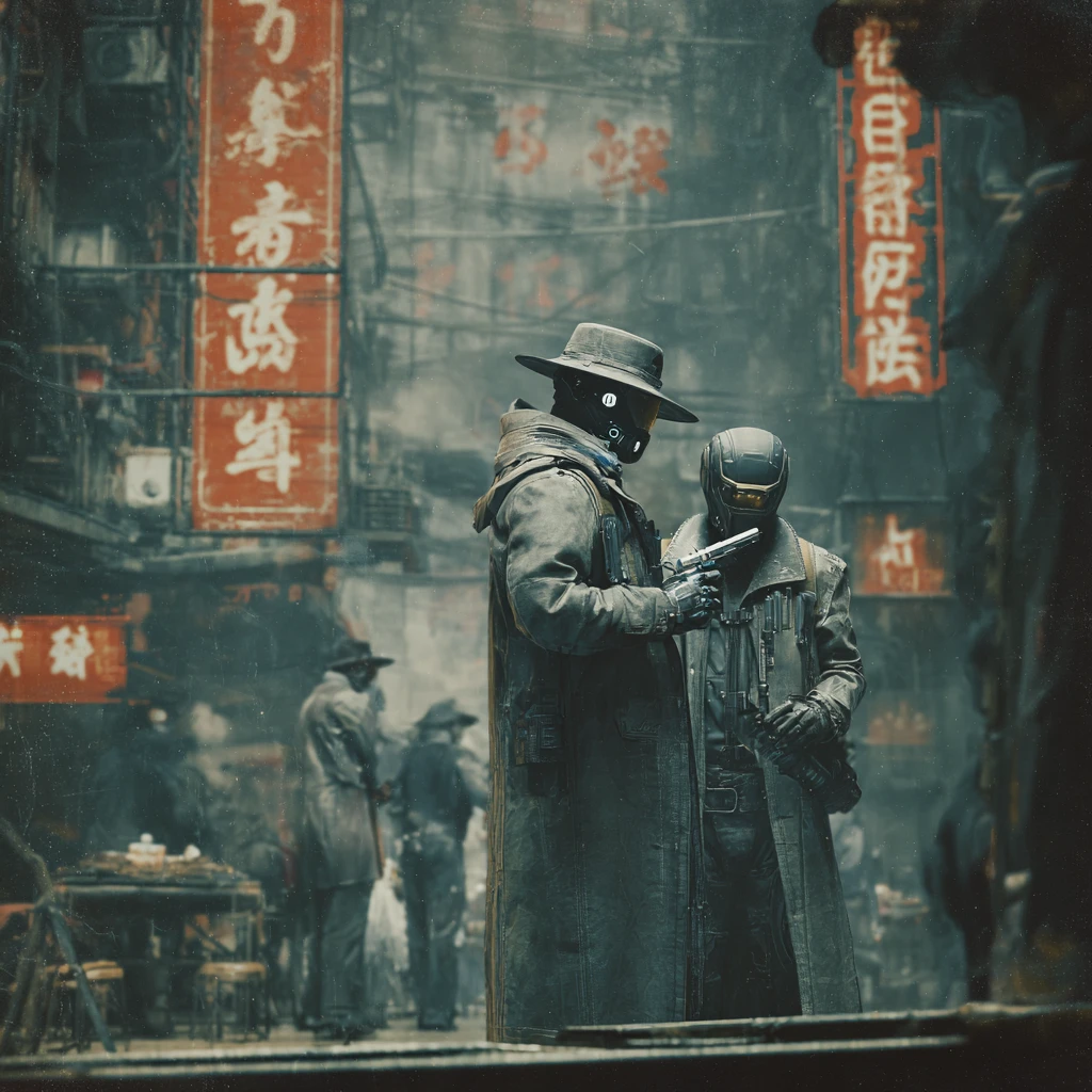 Membres de gang asiatiques dans une rue futuriste de ville cyberpunk