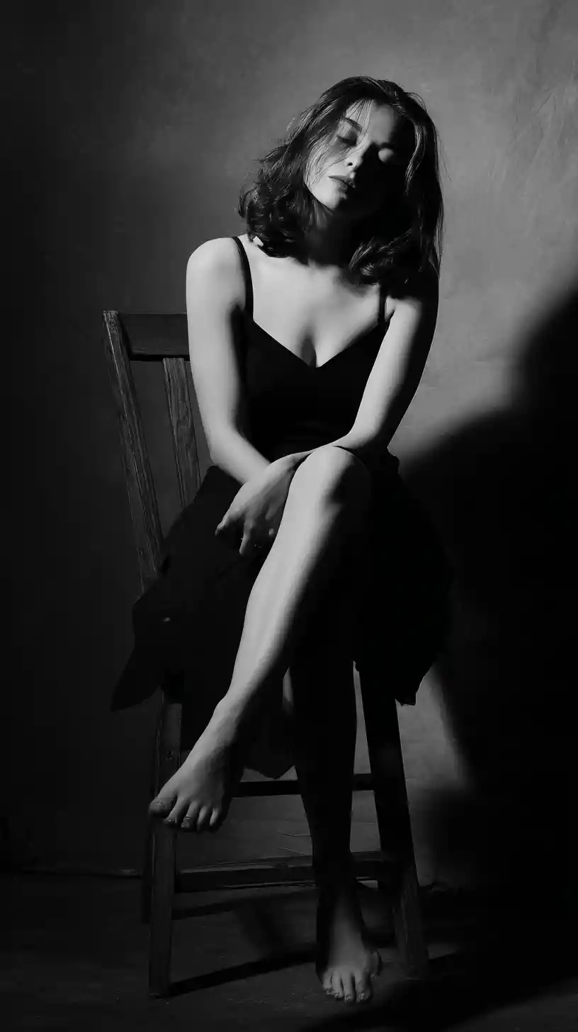 Black and white fine art portrait of woman on chair