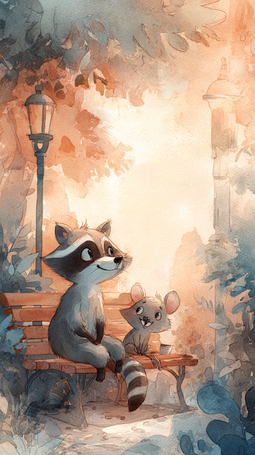 Summer raccoon family at sunset on a cozy bench
