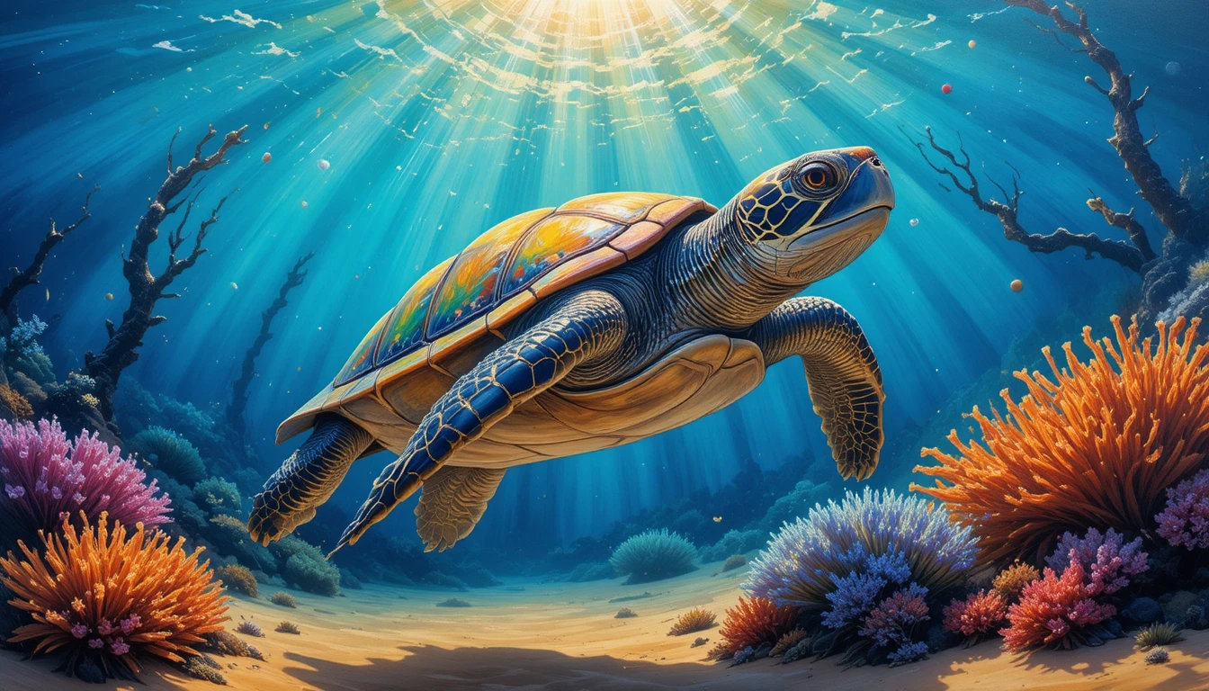 海龜滑翔於陽光灑落的晶瑩蔚藍海洋