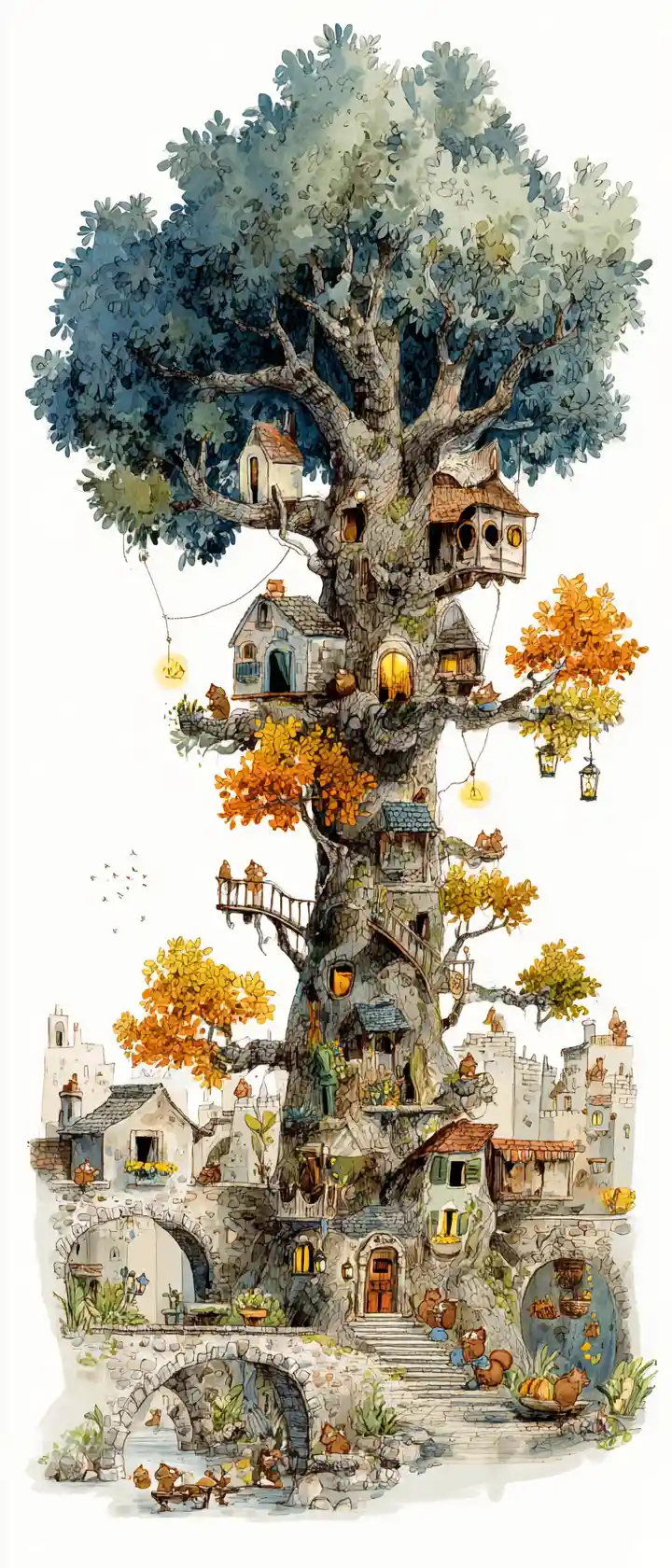 Whimsical squirrel treehouse city in an ancient oak