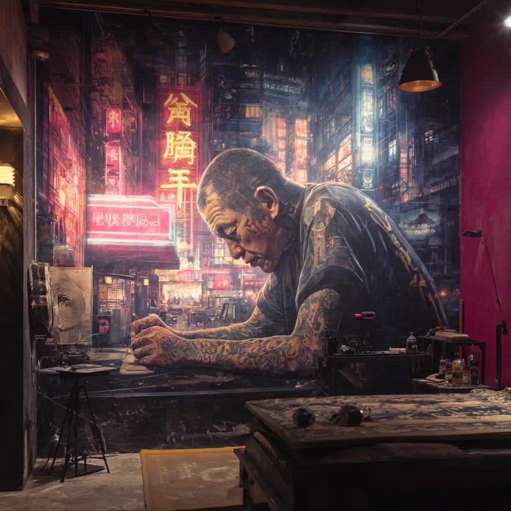 Gangster Getting Tattooed In Futuristic Chinese Tattoo Studio