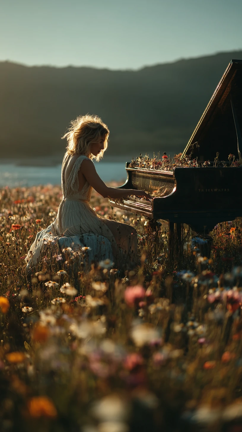 Woman at grand piano in a wildflower meadow at sunrise