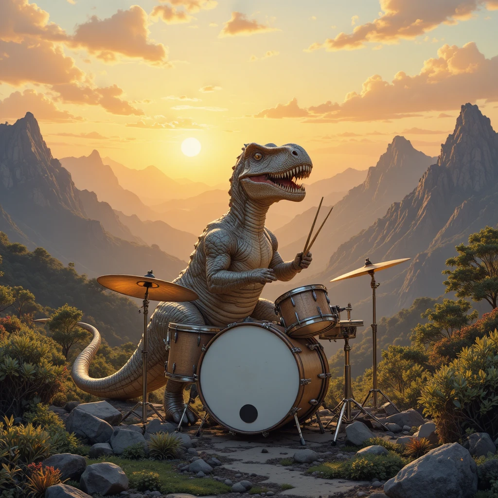 Dinossauro baterista realista nas montanhas ao pôr do sol colorido