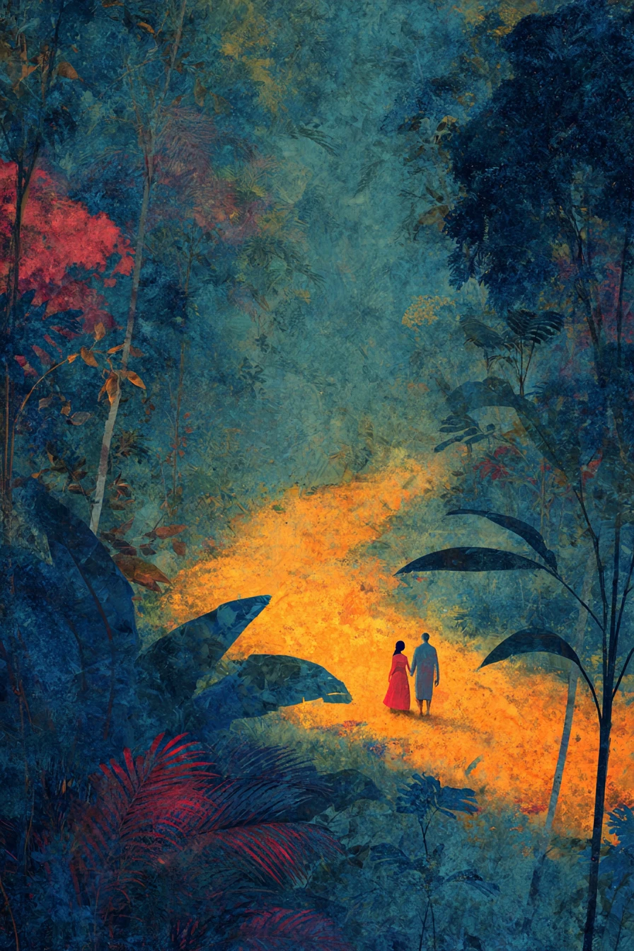 Casal se despedindo em um labirinto de selva surreal ao anoitecer