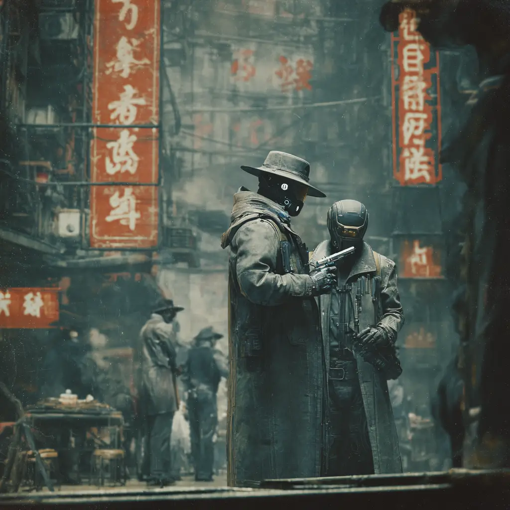 Asian gang members in a futuristic cyberpunk city street