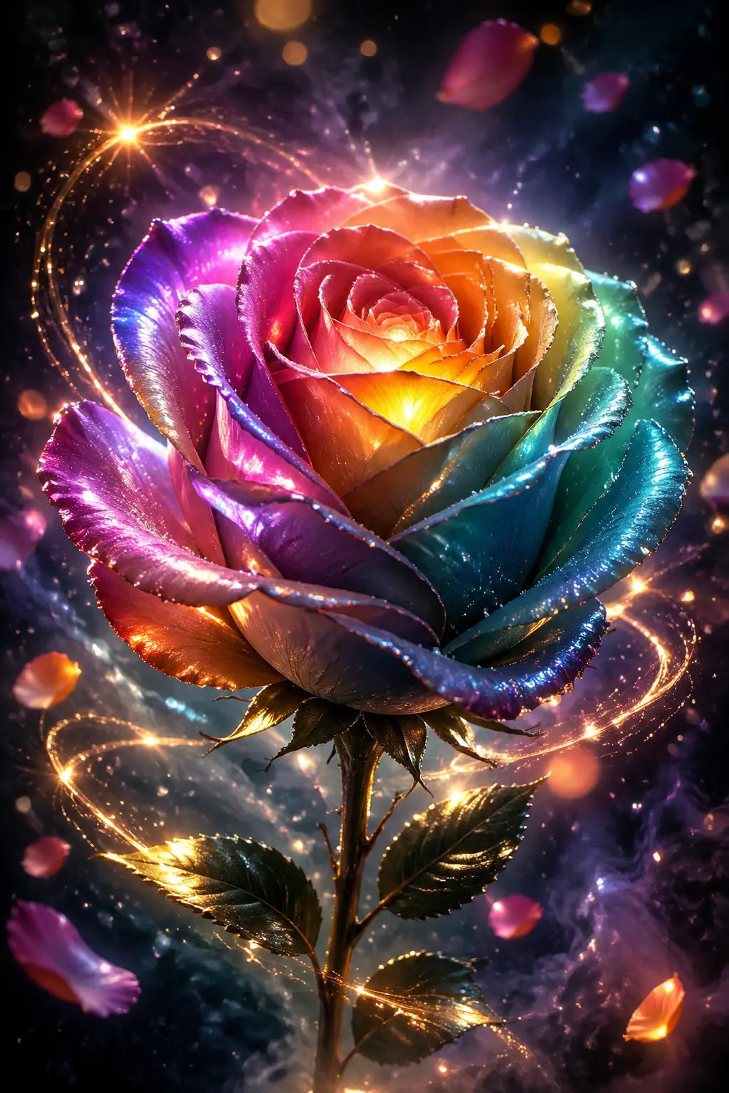 超擬真魔法彩虹玫瑰與宇宙光芒