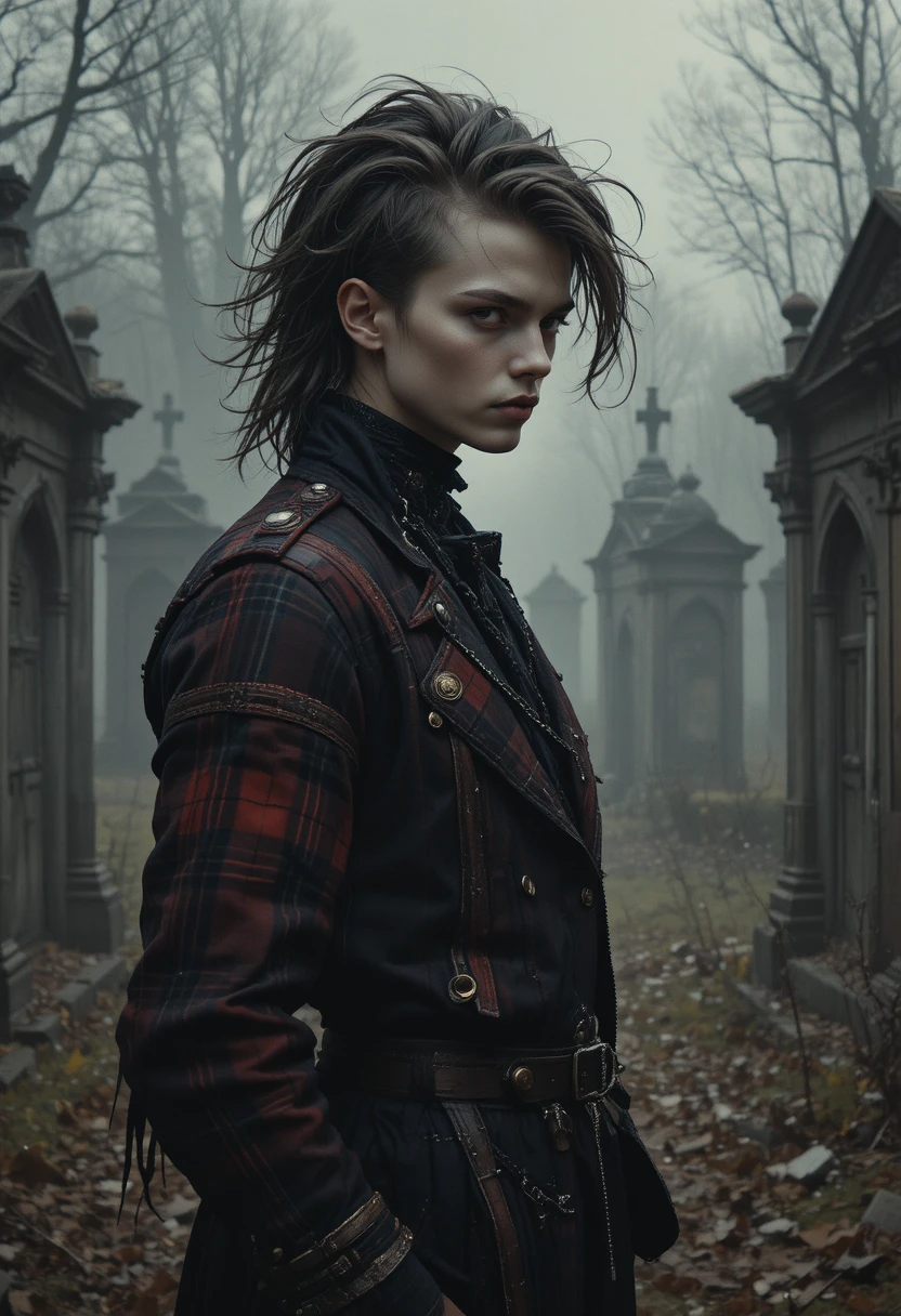 Ritratto di ragazza gotica in un cimitero in stile dark punk