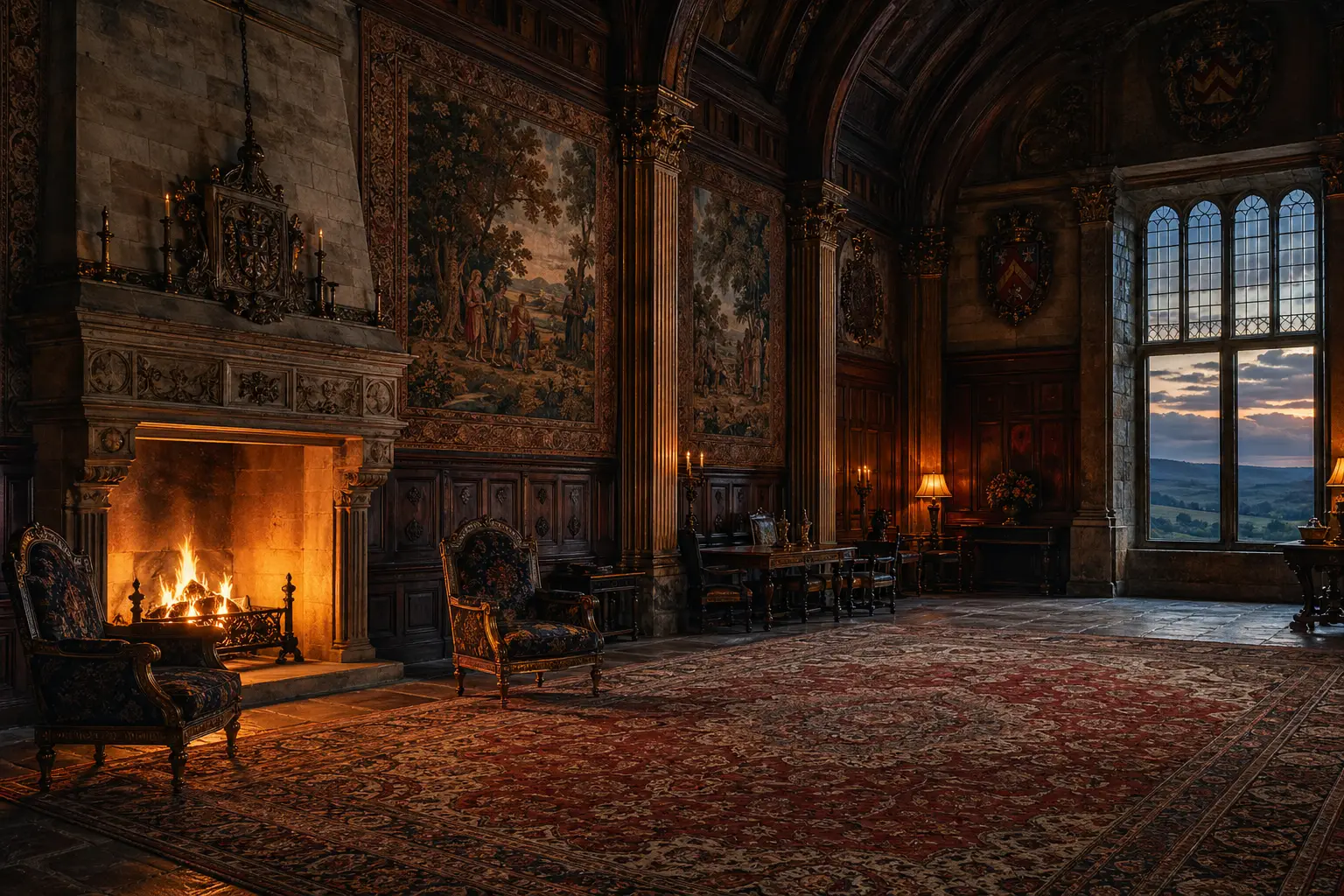 Grand medieval hall with roaring fireplace and armchairs