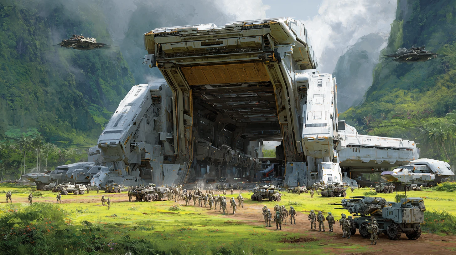 巨大作戰降落艦在異星世界卸下部隊