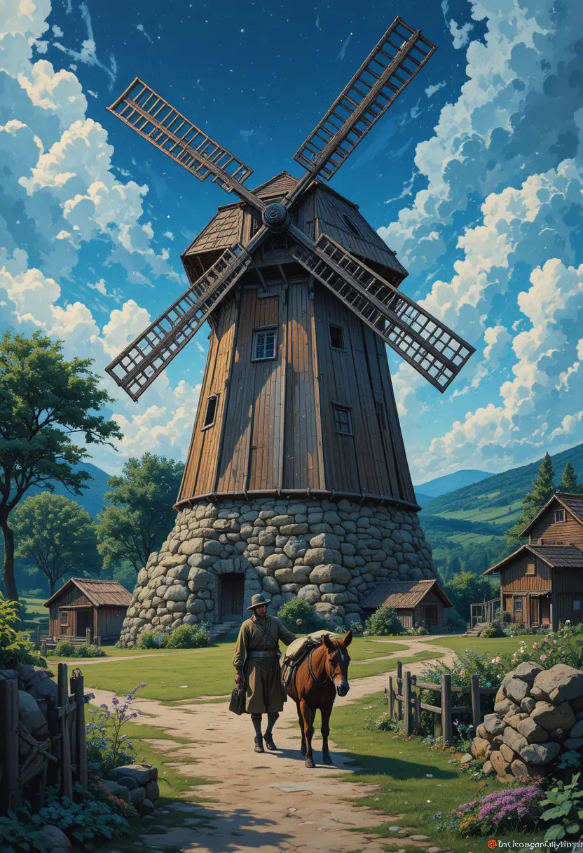Anime-Windmühle in einer friedlichen ländlichen Landschaft