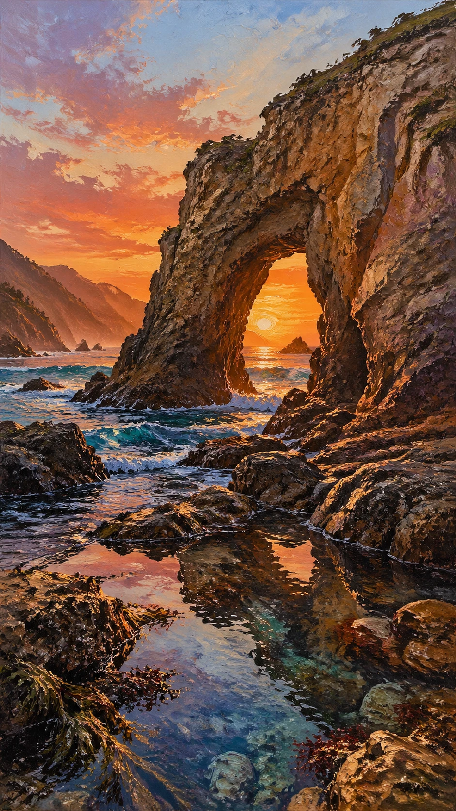Arco de rocha ao pôr do sol sobre uma costa rochosa do Pacífico