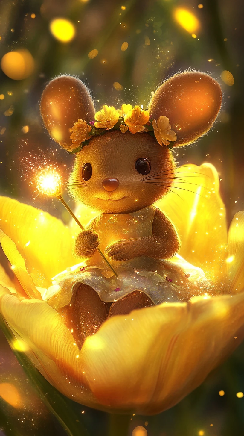 Whimsical fairy mouse sitting in a glowing yellow tulip