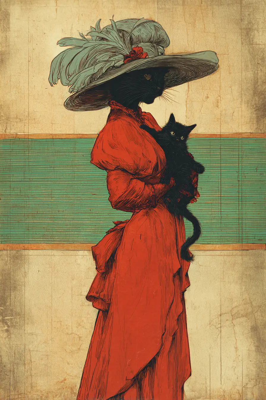 Art nouveau black cat in red dress poster illustration