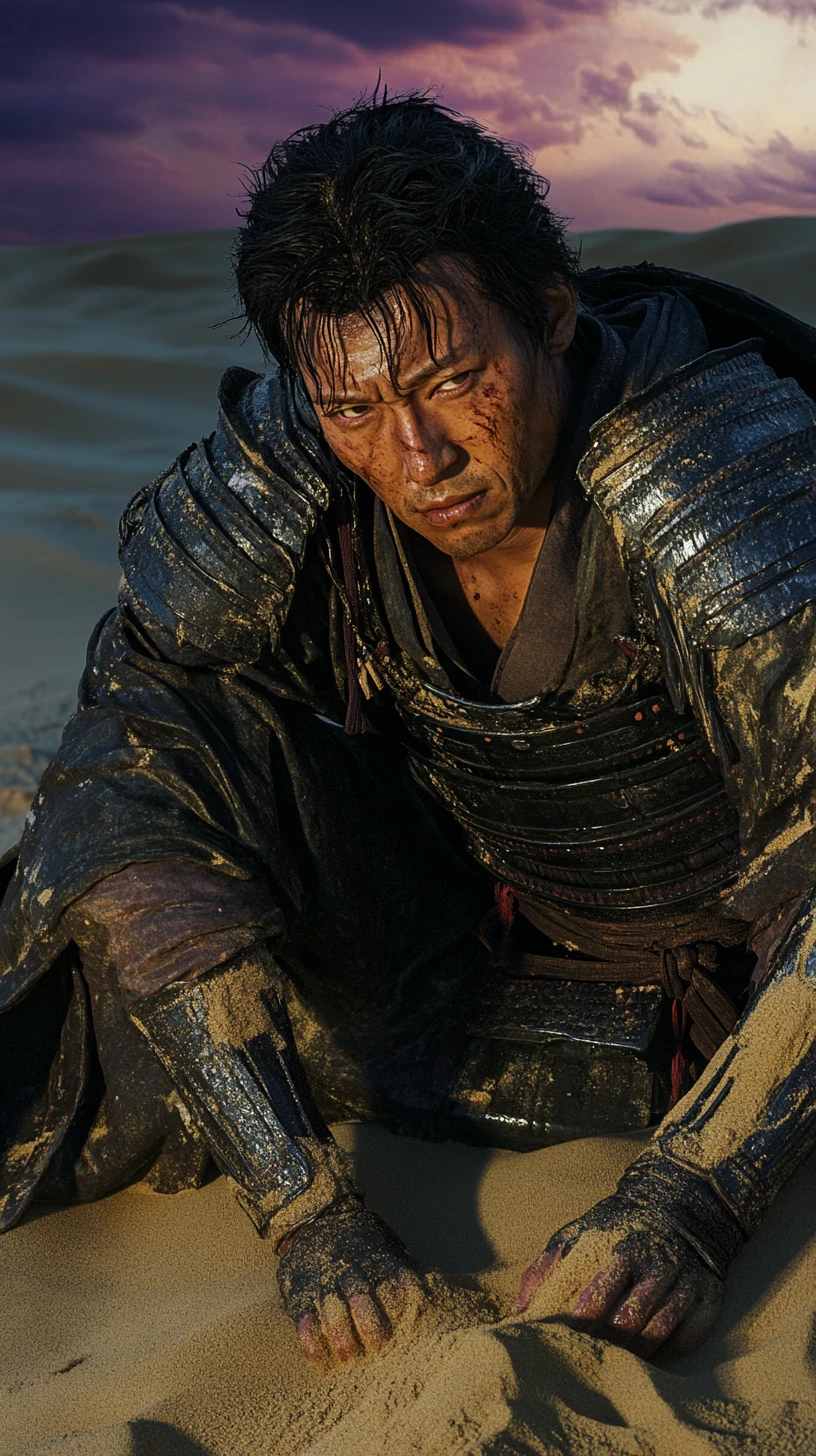 Samurai ajoelhado na areia ao crepúsculo após batalha brutal