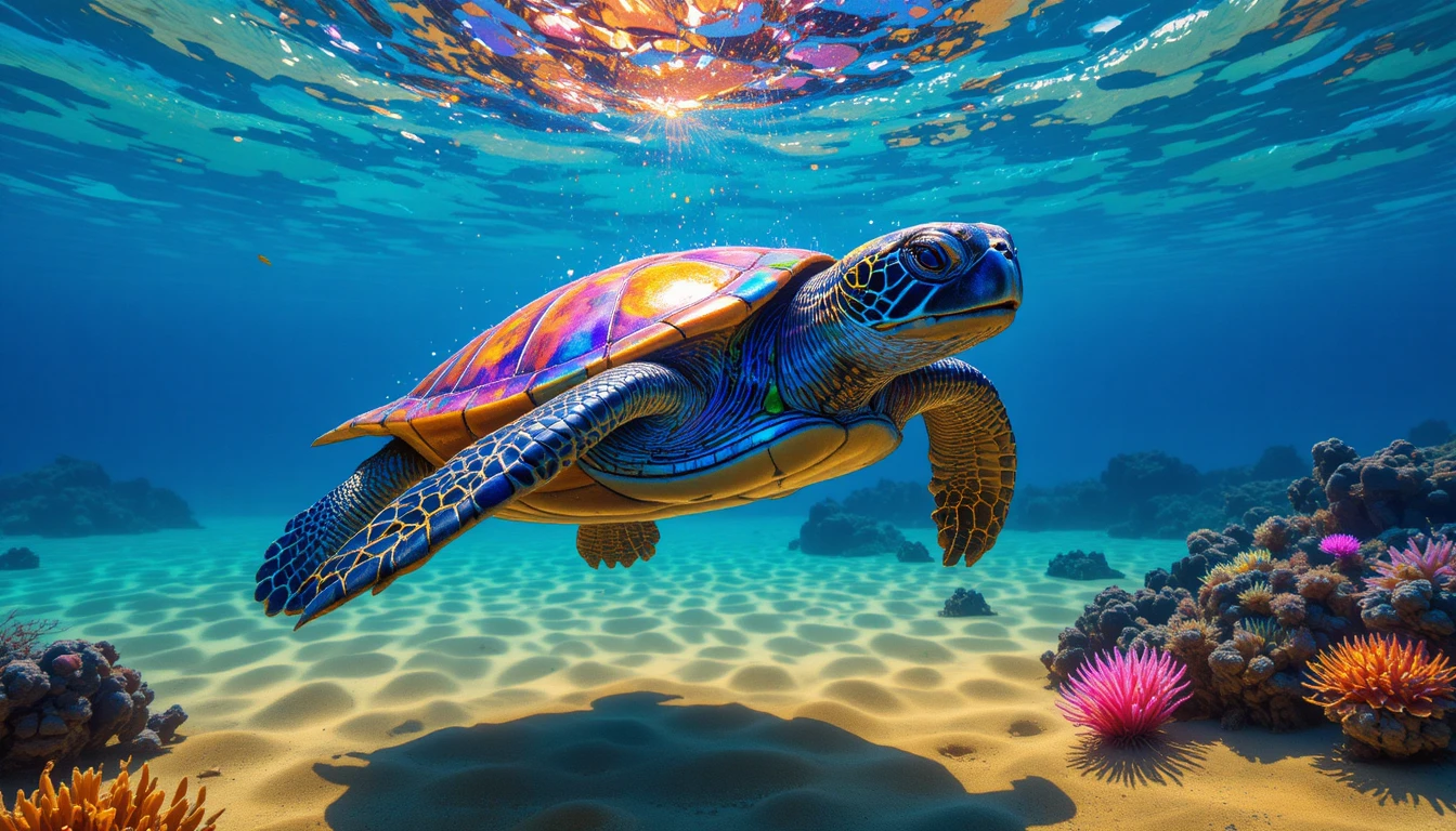 Tortuga marina colorida deslizándose sobre un fondo oceánico luminoso