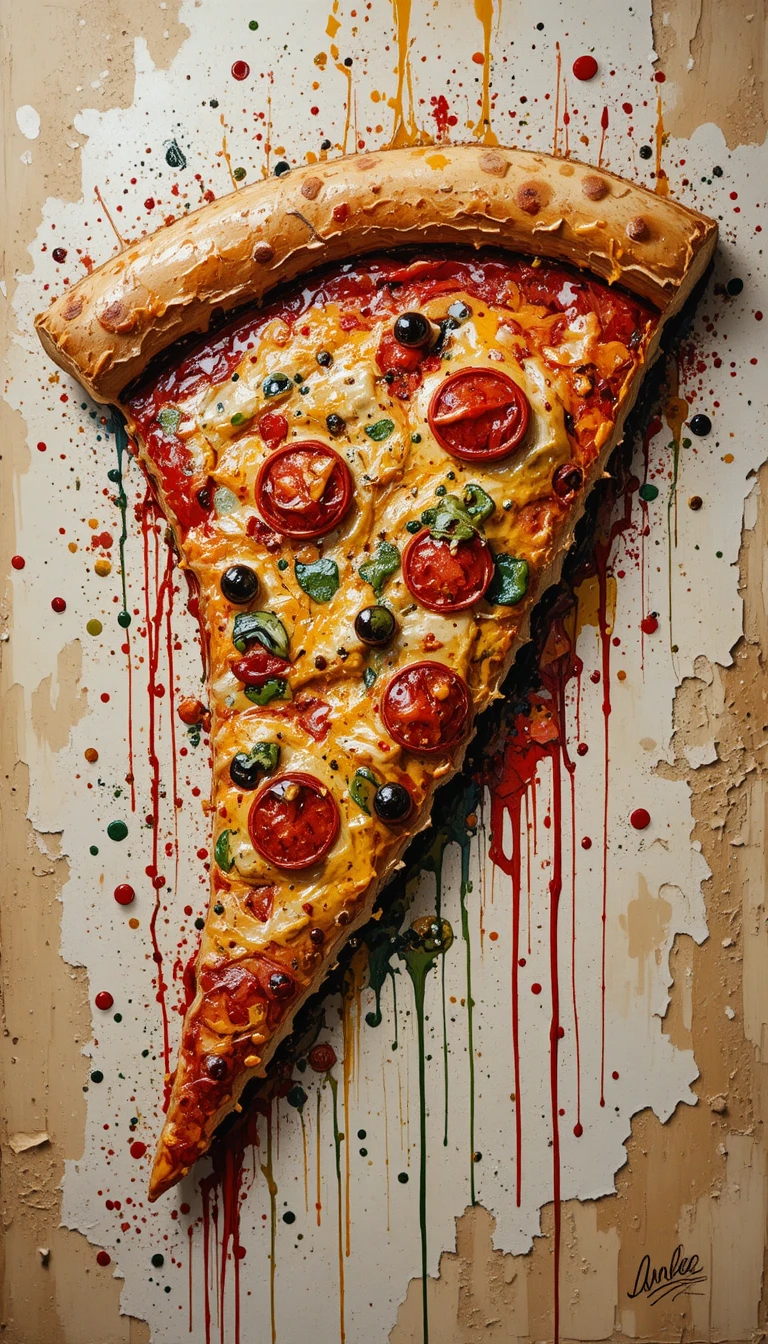 Peinture abstraite et colorée d’une unique part de pizza texturée