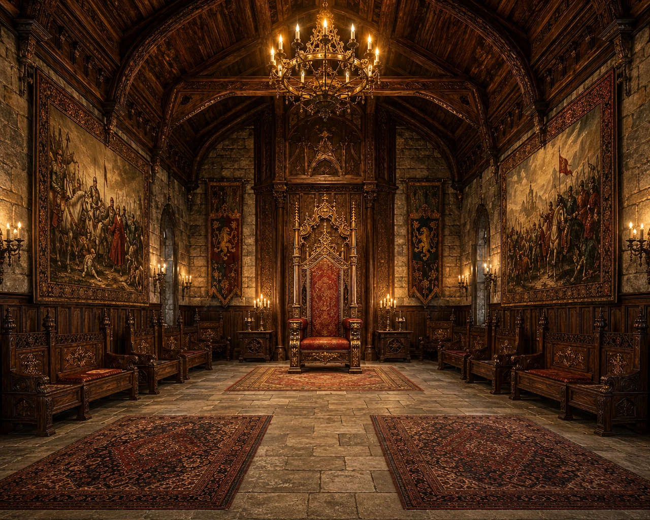 Salle du trône médiévale royale avec tapisseries et lueur des bougies