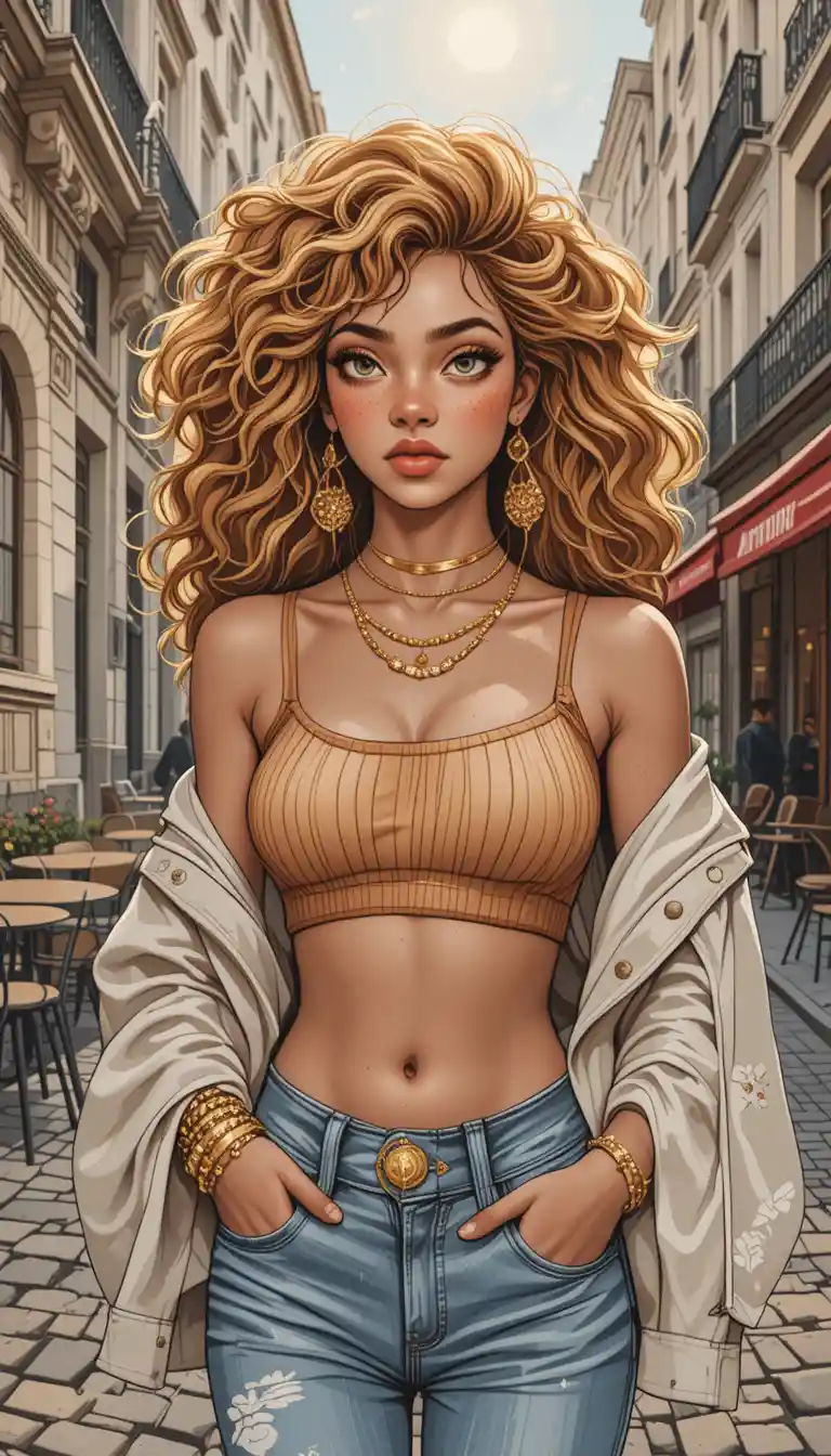 Stylish woman on a sunny Parisian street illustration