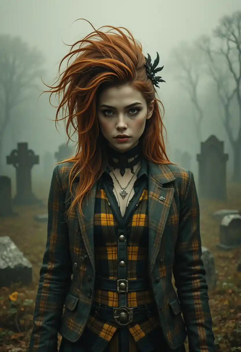 Portrait de fille gothique dans un cimetière brumeux aux couleurs vives