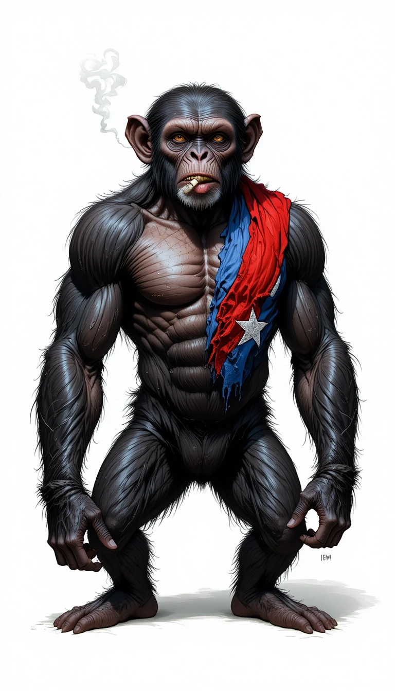 Muscular chimpanzee smoking a cigar with Cuban flag