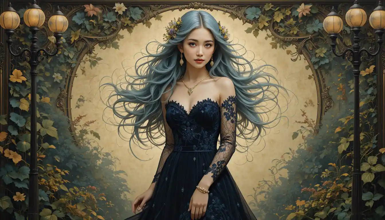 Mulher etérea em vestido de renda com lanternas vintage brilhantes