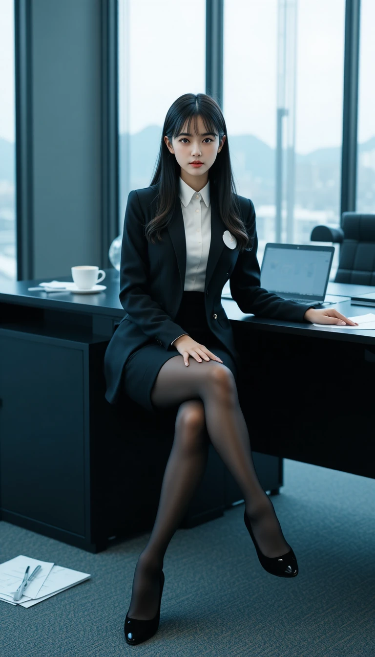 Élégante employée de bureau japonaise assise sur un bureau