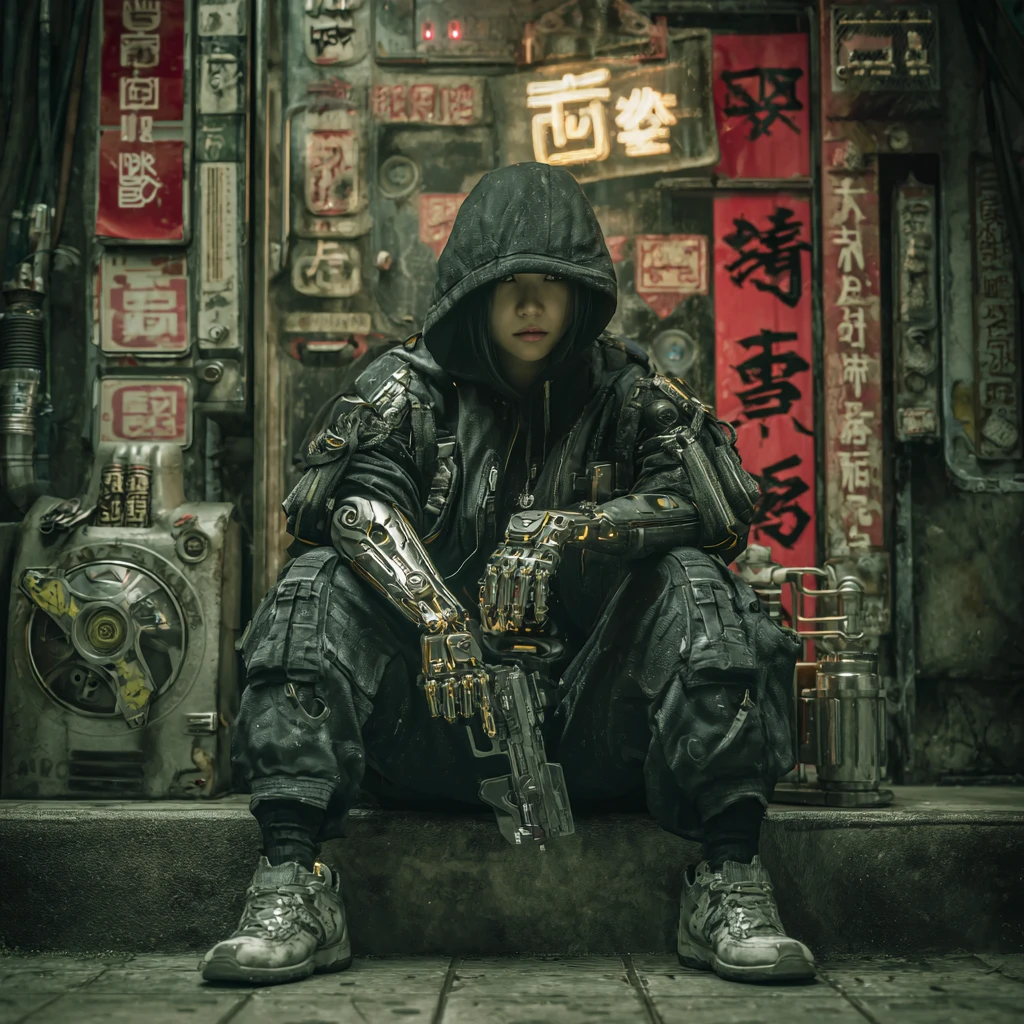 Futuristische asiatische Gangster in einer düsteren Cyberpunk-Stadt