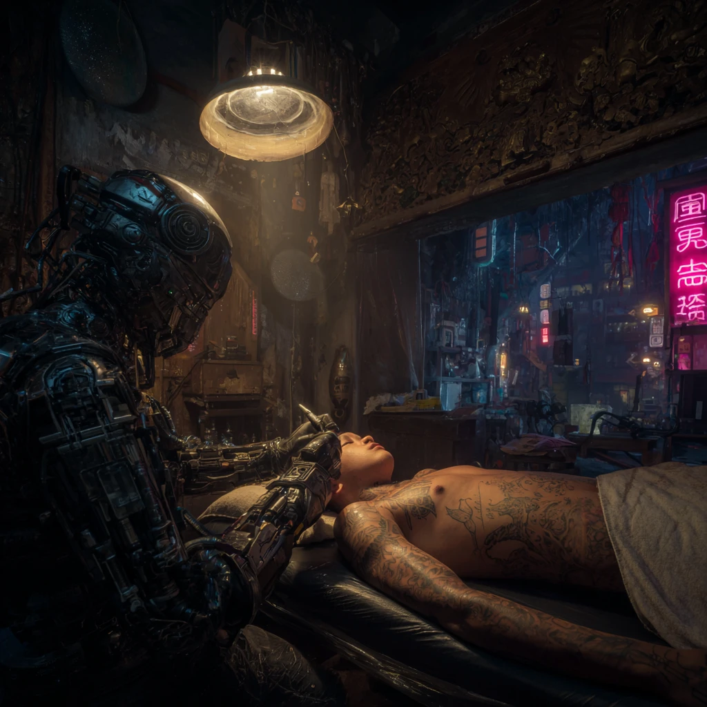 Gangster se faisant tatouer dans un studio futuriste et fantomatique