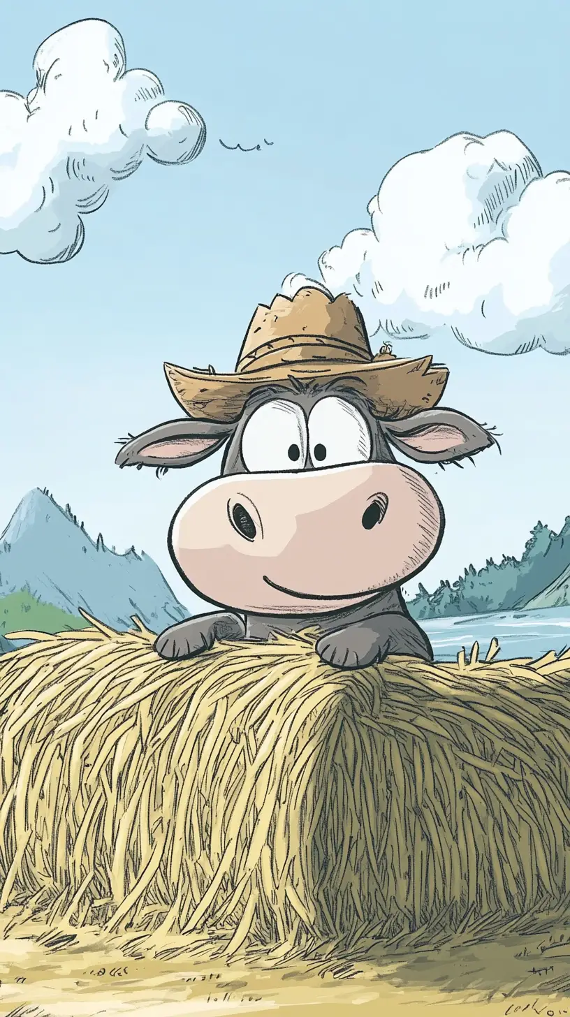Cheerful Cartoon Cow With Straw Bale In Mountain Landscape