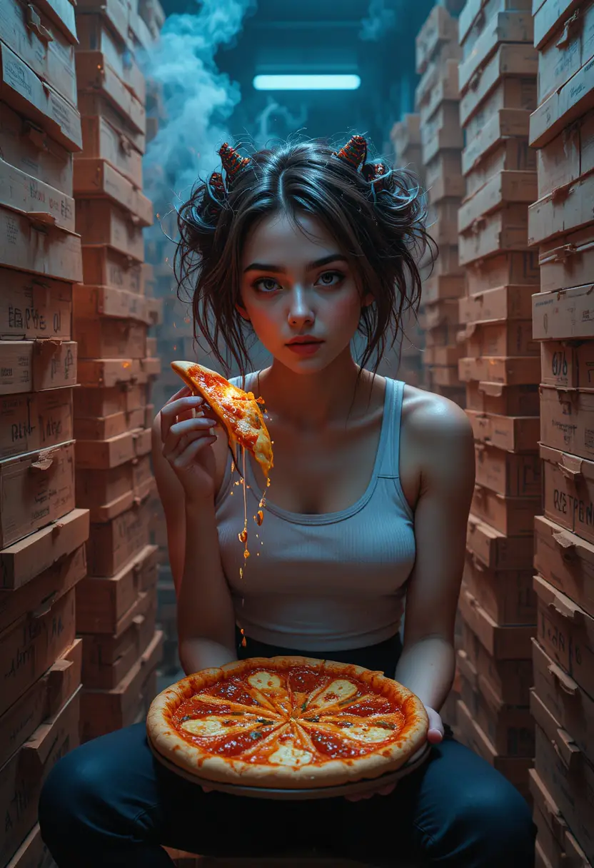 Chica anime juguetona con cuernos comiendo pizza en un apartamento neón