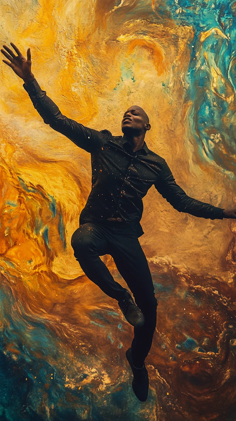 Bald black man leaping from a surreal life sized mural