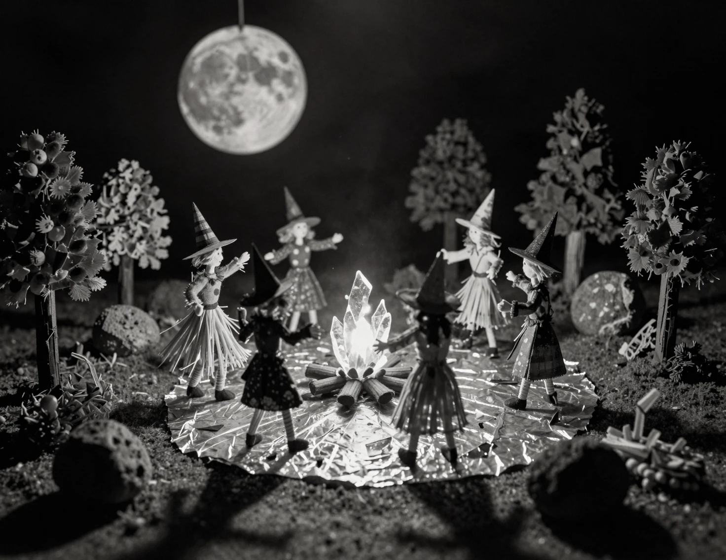 Miniature witch diorama dancing around glowing glass fire