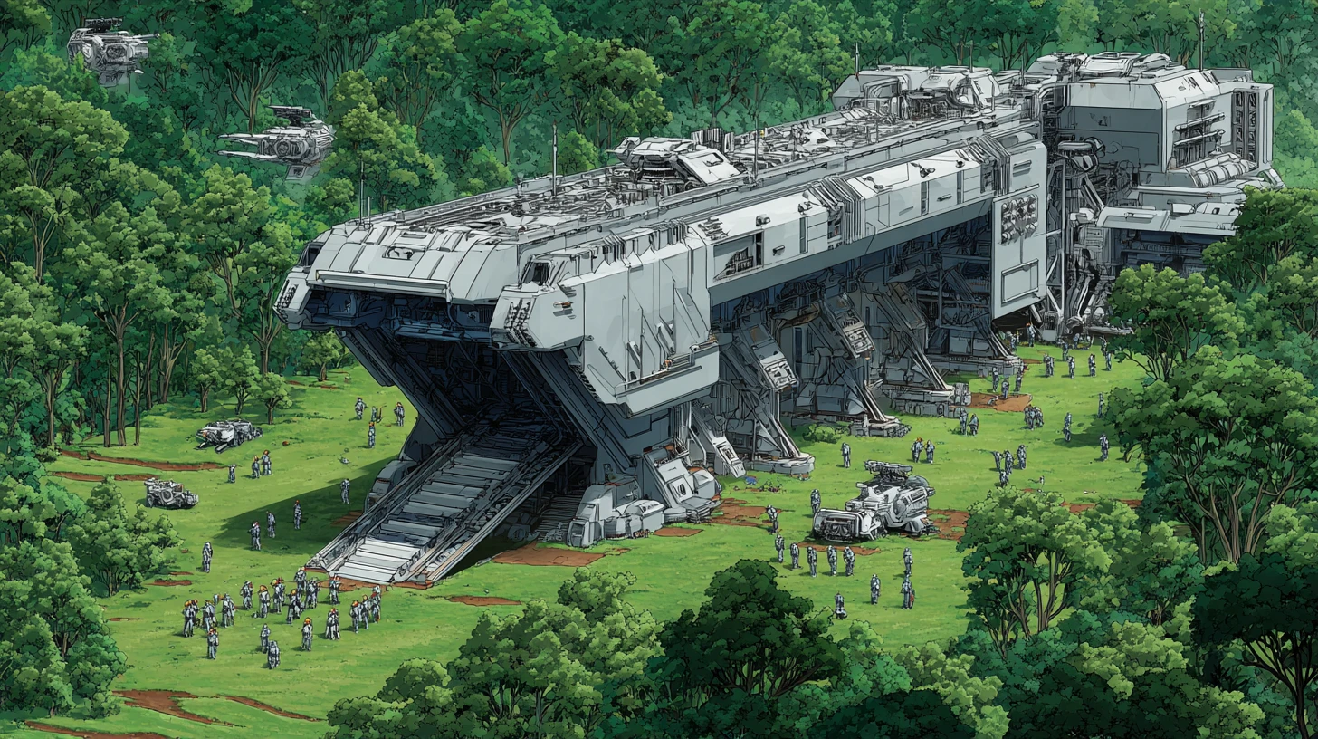 Massives Sci‑Fi-Landungsschiff setzt Truppen auf einer fremden Welt ab