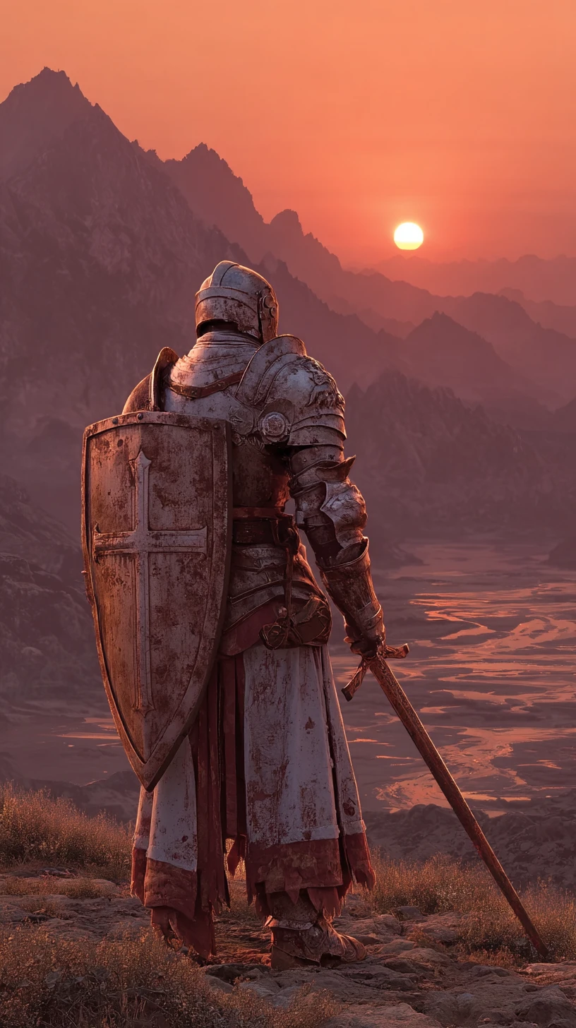 Gepanzerter Ritter vor einem nebligen Schlachtfeld im Sonnenaufgang