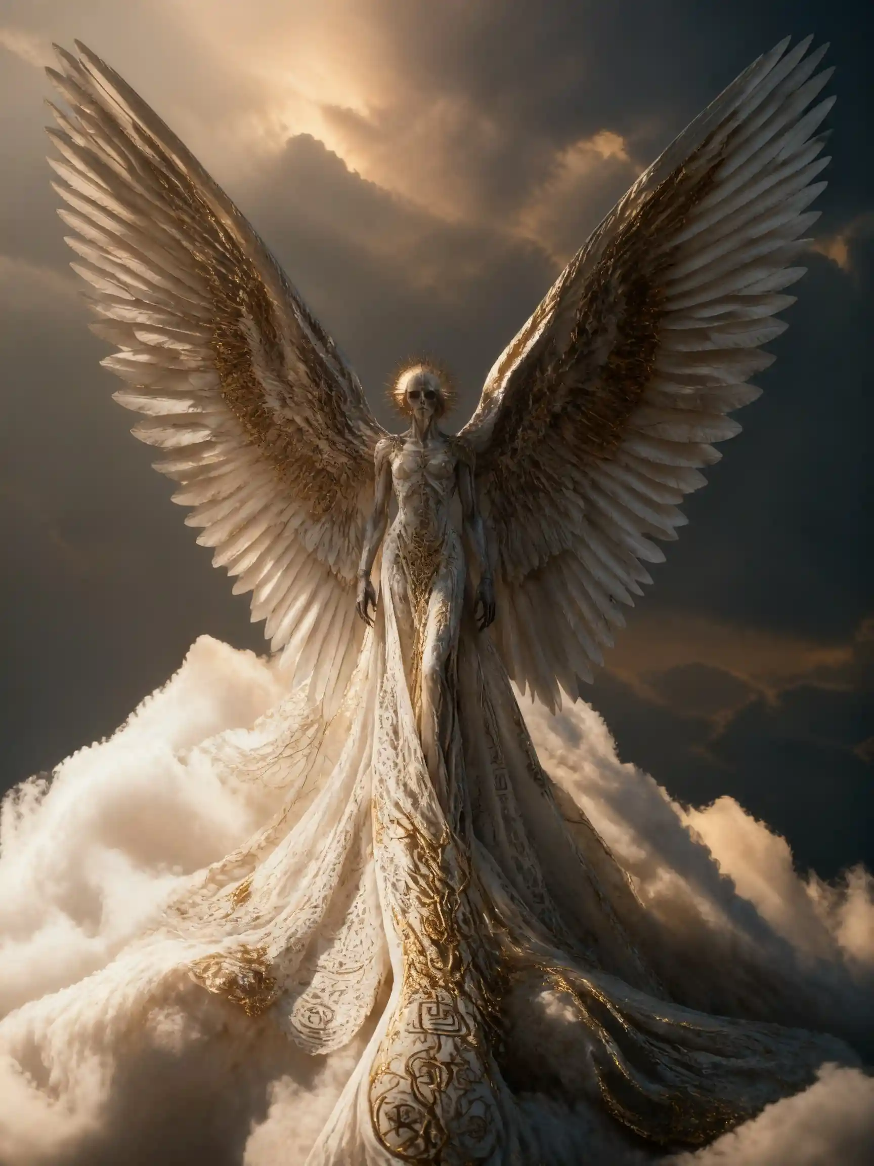 Surreal angel woman standing on a vast white cloud